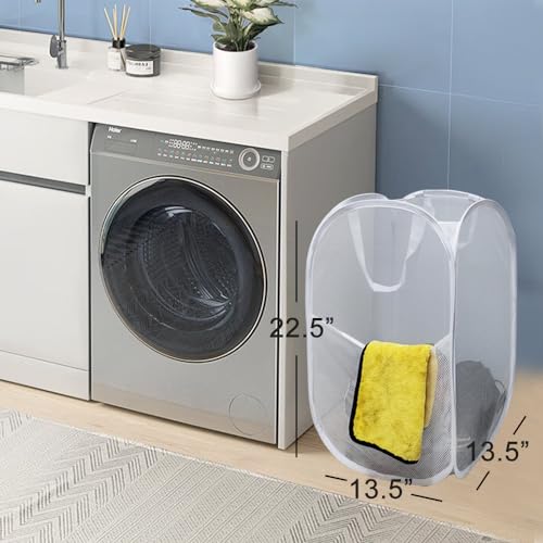 Pop Up Laundry Hamper, Reinforced Mesh Laundry Basket with Handles, Collapsible Clother Hamper with Side Pocket for Home, College Dorm, Travel - White Vertical Storage Basket - color: White