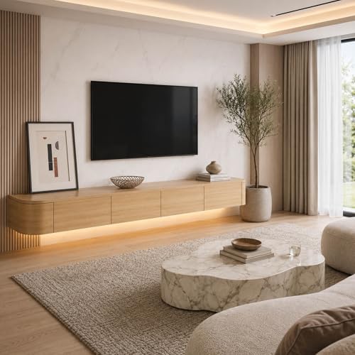 Floating TV Stand Wall Mounted Entertainment Center Modern Media Console Cabinet with Hidden Storage, 2 Drawers, Cable Holes and Rounded Corners for Living Room Bedroom(Wood+led,L102.36IN) - color: Wood+led, size: L102.36IN
