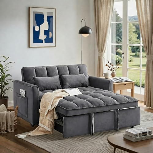 Sleeper Sofa Bed with Adjustable Backrest & Side Pockets, Gray | Adjustable Backrest & Side Pockets,Pull Out Sofa,Comfortable Fabric - color: S-dark Gray-2f