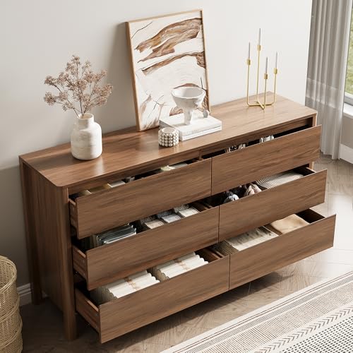 MAISONARIA Walnut 3-Piece Dresser Bedroom Set, 6 Drawers Dresser & 3 Drawer Nightstands with Hidden Handles, Wood Chest of Drawers for Bedroom, Living Room, Entryway - color: Walnut, size: 6+3