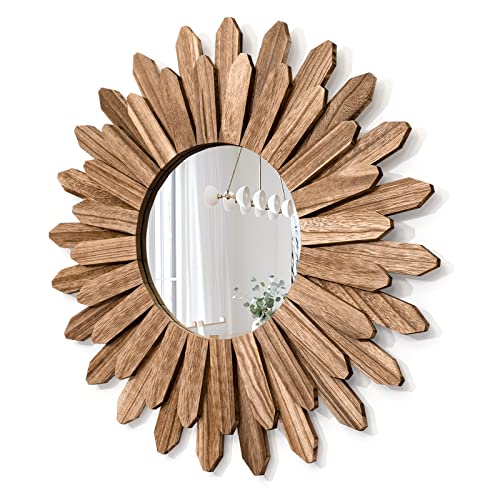 Mirror Wall Decor 21 inch Rustic Wood Boho Aesthetic Mirror for Room & Home Decor Farmhouse Wall Decor at Living Room Bedroom Carbonized Black - color: Carbonized Black, size: 21 inch (1 pack)