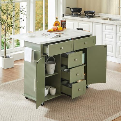 47" Kitchen Island with 2 Storage Cabinets & 5 Drawers, Green | Mobile Island Table for Kitchen with Imitation Marble Drop Leaf, Rolling Island Cart with Power Outlet, Spice Rack - color: Green