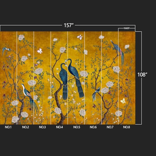 Golden Chinese Style Flowers Birds Large wall murals Peel and Stick Wallpaper for Bedroom Living Room - 108"x157" - color: W04, size: 108"x157"