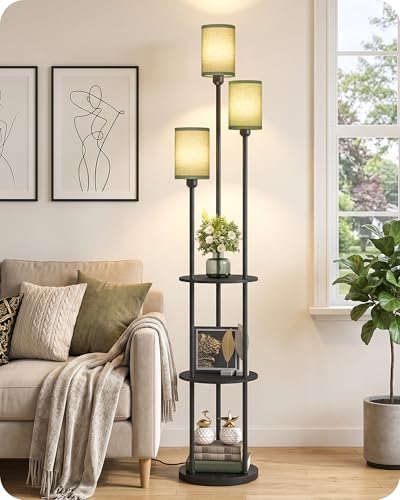Floor Lamp with Shelves, Modern Floor Lamp with 3 Linen Shades and Foot Switch, 3-Light Standing Lamp, for Living Room, Bedroom, Study, Office, Black and Green J53LD05 - color: Black + Green