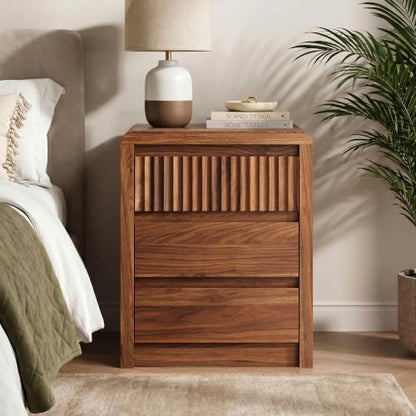 LYNSOM Fluted Nightstand Set of 2, Wood End Table with 3 Drawer, Walnut | Mid Century Modern Night Stand with Stoarge, Bedside Table with Curved Profile Design for Living Room, Office, 20" W - color: Walnut, size: 3 Drawers