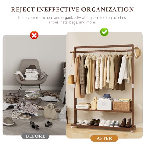 Solid Wood Clothes Rack with Wheels 3-in-1 Garment Rack Extra Long Rod 2 Shelves - size: L-12.6"L x 41.3"W x 66.1"H