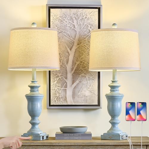 SAIWEYA 27.5" Set of 2 Farmhouse Table Lamps for Bedroom, 3 Way Dimmable Bedside Lamp with 2 USB +AC Outlet Nightstand Lamps for Living Room Resin Rustic Touch Lamps - color: Antique Blue-27.5in