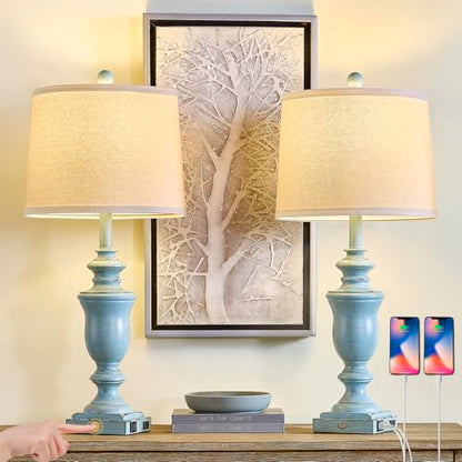 SAIWEYA 27.5" Set of 2 Farmhouse Table Lamps for Bedroom, 3 Way Dimmable Bedside Lamp with 2 USB +AC Outlet Nightstand Lamps for Living Room Resin Rustic Touch Lamps - color: Antique Blue-27.5in