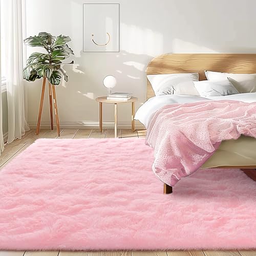 Awaytail 4x6 Fluffy Pink Area Rug - Soft Cute Shag Fuzzy Rugs for Bedroom | Anti-Skid Living Room Girls Rug Pink Home Decor, Shaggy Carpets for Girls and Boys Room Dorm Aesthetic - color: Pink, size: 4' x 6' (Rectangular)