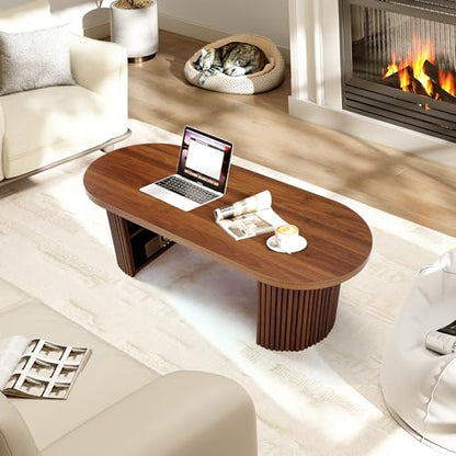 Oval Fluted Coffee Table, 47" Farmhouse Wood Coffee Table Mid Century Modern Center Table Boho Living Room Tables for Living Room Office,Walnut - color: Walnut, size: 19.69"D x47.2"W x 15.74"H