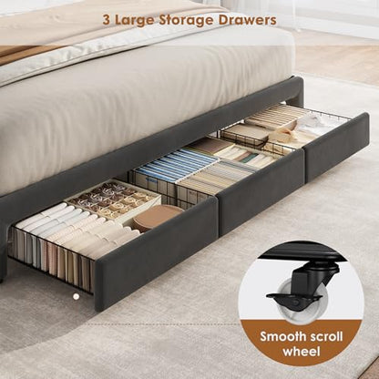 Garvee King Size Bed Frame with Storage, Velvet Upholstered Platform Bed Frame with Crystal Tufted Headboard, Charging Station, 3 Drawers, No Box Spring Needed, Noise-Free,for Bedroom, Dark Gray | Velvet Upholstered Platform Bed Frame with Crystal Tufted