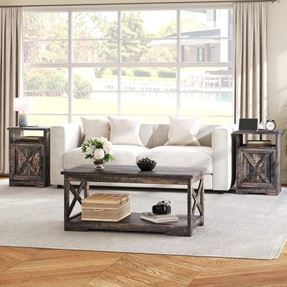AMERLIFE 3 Piece Farmhouse Living Room Coffee Table Set, Dark Oak | Coffee Table & 2 End Tables with Charging Station and USB Ports, Farmhouse Style, Barn Door Design, Living Room Furniture - color: Dark Oak