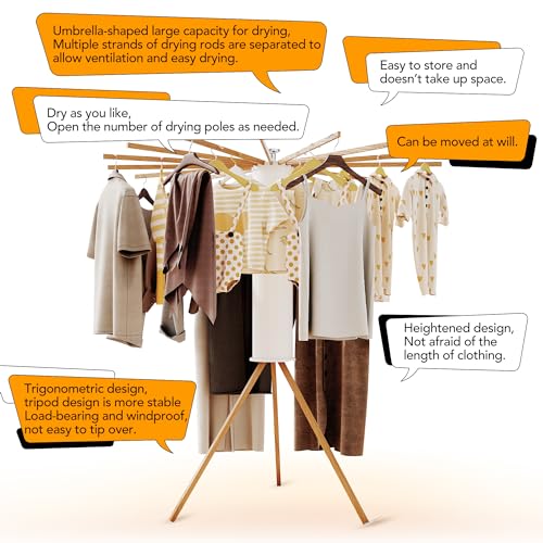 LIENAHU Clothes Drying Rack Tripod,Drying Rack Clothing,Laundry Drying Rack,Floor Standing,16 Wooden Poles,Collapsible Drying Racks for Laundry,Retractable,Foldable,Folding - style: 16 Wooden poles