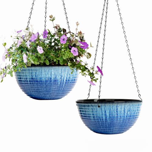10 Inch Hanging Planters, Glazed Hanging Basket with Drainage Holes, 2 Pack | Ceramic-Look Hanging Flower Pots with Chain Plant Hangers, Blue Flow Glaze - color: Blue Flow Glaze, size: 10inch