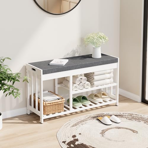 Shoe Rack Bench for Entryway, Bamboo Shoe Storage Bench with Cushion | Flip-Top Cushioned Seat with Hidden Storage | Mixed-Height Wooden Shoe Rack for Boots | Hallway, Bedroom & Front Door - color: White