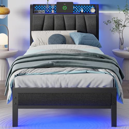 Twin Size Bed Frame with Storage Shelf and Upholstered Headboard | Metal Platform Bed with LED Light, Charging Station and Heavy Duty Slats, No Box Spring Needed, Noise Free & Easy Assembly - size: Twin, style: Bed Frame
