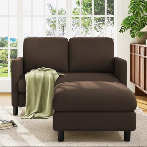 Welzona Loveseat Sofa with Ottoman, 51" Small L Shaped Teddy Couch Sofa | Comfy Teddy Fabric, Tool-free Setup, Washable Covers, All-wood Couch Sets for Living Room, Bedroom, Small Spaces, Brown - color: Brown, size: loveseat & ottoman