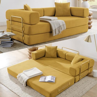 HANXIN Convertible Sleeper Sofa Bed, 78 Inch Folding Floor Mattress Couch with Fixed-Shape Frame, Futon Boneless Couch Lounge Loveseat with Pull Out Bed, No Assembly Required (Yellow) - color: Yellow, size: 78" Loveseat Sofa Bed