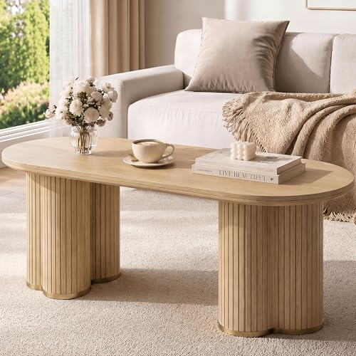 Oval Fluted Coffee Tables for Living Room, 47" Wood Coffee Table,Oak - color: Oak