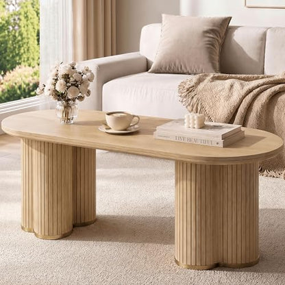 Oval Fluted Coffee Tables for Living Room, 47" Wood Coffee Table,Oak - color: Oak