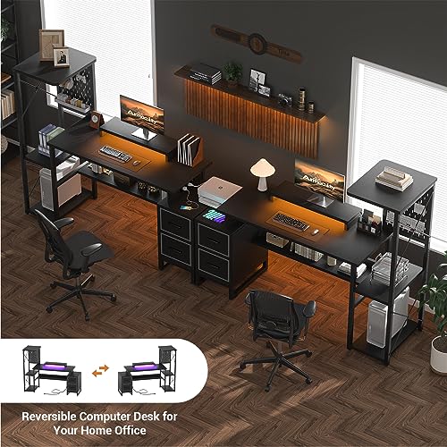 Computer Desk with 2 Fabric Drawers - Reversible Home Office Desk with Power Outlet & LED Lights, 53" Writing Desk with Monitor Stand & Storage Shelves, Gaming Desk Study Table with Pegboard, Black - color: Black