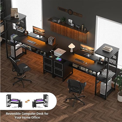 Computer Desk with 2 Fabric Drawers - Reversible Home Office Desk with Power Outlet & LED Lights, 53" Writing Desk with Monitor Stand & Storage Shelves, Gaming Desk Study Table with Pegboard, Black - color: Black