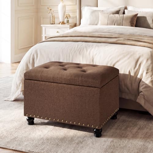 Ottoman with Storage,24" Fabric Ottoman Foot Rest with Hinged Lid Small Rectangle Upholstered Tufted Foot Stools Ottomans for Bedroom Living Room Entryway,Coffee Brown - color: Coffee Brown