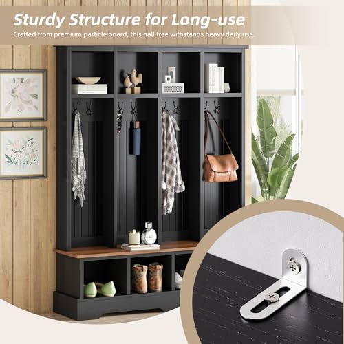 Merax Farmhouse Hall Tree with Bench and Shoe Storage, 59" Entryway Bench with Coat Rack, 3-in-1 Hall Tree with Top Compartments and 8 Hooks for Hallway, Living Room, Black - color: Black