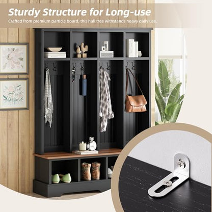 Merax Farmhouse Hall Tree with Bench and Shoe Storage, 59" Entryway Bench with Coat Rack, 3-in-1 Hall Tree with Top Compartments and 8 Hooks for Hallway, Living Room, Black - color: Black