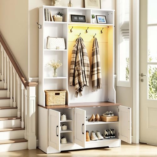 VEVOR Hall Tree with Bench and Shoe Storage, 39" Wide, Entryway Hall Tree with Bench, Hanging Hooks, Storage Shelves, Adjustable Shoe Shelves, LED Light, Wooden, for Mudroom, Entryway, Hallway, White - size: 39.4 x 13.8 x 68.9 in