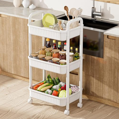 JOYZAN 3 Tier Rolling Carts with Wheels, Utility Cart with Handle and Locking Caster, Storage Cart for Kitchen, Office, Bedroom, Suitable for Diaper, Art Tools, Snack, Craft Storage Cabinet, White - size: White-3 Tier