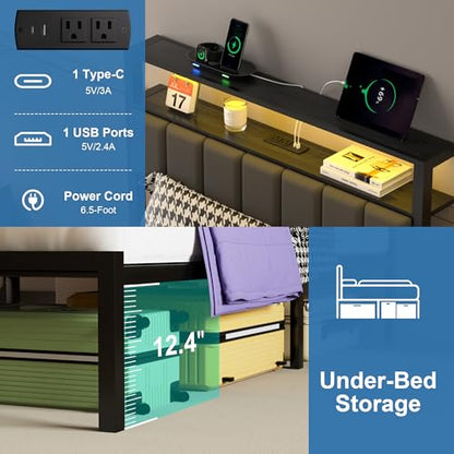 J.Fkne Twin Bed Frames with Charging Station and LED Lights, Twin Size Platform Bed with Metal Slats, Upholstered Headboard with 2-Tier Storage Shelves, No Box Spring Needed, Easy Assembly, Black - size: Twin, style: Casual