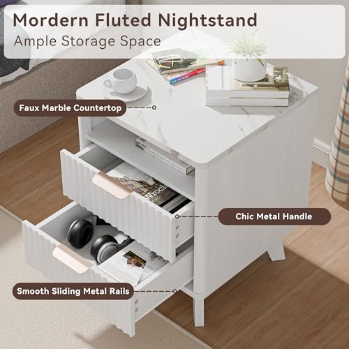 White Nightstand with 2 Drawers, 18" Modern Night Stand with Faux Marble Top, Open Storage Shelf, Fluted Bedside Table for Bedroom, End Table Side Table - color: White Marble