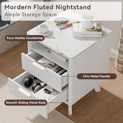 White Nightstand with 2 Drawers, 18" Modern Night Stand with Faux Marble Top, Open Storage Shelf, Fluted Bedside Table for Bedroom, End Table Side Table - color: White Marble