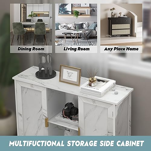 TaoHFE Marble Top Narrow Sideboard Cabinet,White Marble Side Buffet Cabinet | Modern Side Buffet Cabinet With Storage,Kitchen Island narrow sideboard for kitchen for living room - color: Marble White