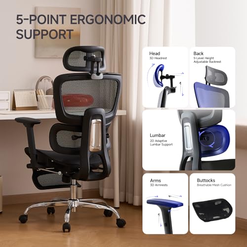 Office Chair with Footrest, Ergonomic Chair with 3D Headrest, Computer Chair with Adjustable Backrest & 3D Armrest, Gaming Chair with Adaptive Lumbar Support, Mesh Backrest & Cushion, Black - color: Black, style: Lite