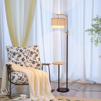 Dimmable Floor Lamp with Table and Marble Base, Arc Floor Lamp with Bulb, Boho Farmhouse Standing lamp with Fabric & Bamboo Shades for Living Room Bedroom - color: Black and Gold 03