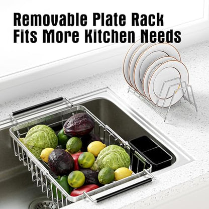 Expandable Dish Drying Rack in Sink,Stainless Steel Over The Sink Dish Drainer Drying Rack for Kitchen Counter,with Utensil Holder,Silver
