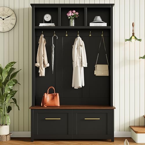Merax 4-in-1 Hall Tree with Bench, Modern Versatile Multiple Storage Space with 6 Golden Hooks, 2 Drawers, Entryway Coat Rack for Living Room, Hallway, Black - color: Black