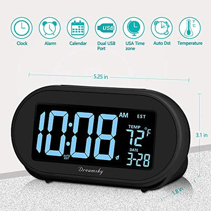 DreamSky Alarm Clocks for Bedrooms, Auto Set Digital Clock with Date & Temp | Electric Desk Clock with Dimmable Brightness Dimmer for Bedside Nightstand, Auto DST, USB Port, Temperature, Snooze - color: Black