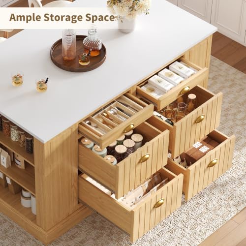 63" Kitchen Island with Storage, Farmhouse Stationary Island Table with 6 Drawers & Open Shelves, Heat-Resistant Countertop Storage Cabinet for Kitchen, Natural
