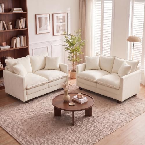 50'' Loveseat Sofa Set, Small Couch Set 2 Piece Cloud Love Seat with 27" Deep Seat Washable Chenille Pillows Couches for Small Spaces Apartment Living Room, Beige - color: Beige, size: 50"+50"