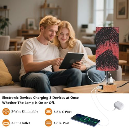 Kigai Red Black Folded Threads Touch Control Bedside Table Lamp 3 Way Dimmable Nightstand Lamp with USB A+C Charging Ports & AC Outlet Fabric Shade for Bedroom Desk Living Room