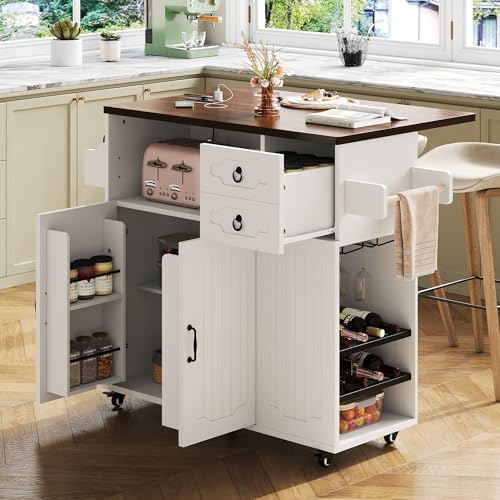 LIKIMIO 51" Mobile Kitchen Island with Drop Leaf & Power Outlet, Kitchen Rolling Island with Storage Cabinets & Drawers, Kitchen Island Cart with Glass Holder & Wine Rack for Dining Room, White