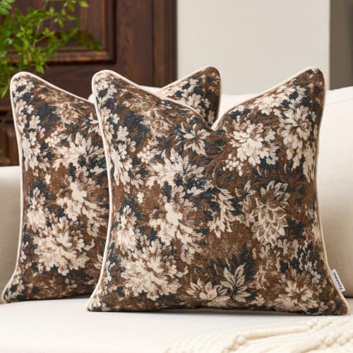 FANAMI Vintage Floral Throw Pillow Covers 18x18 Set of 2 Boho Farmhouse Accent Pillowcase Neutral Modern Chenille Square Decorative Cushion Covers for Couch Sofa Bed Living Room Home Decor, Brown - color: Brown, size: 18" x 18" (Pack of 2)