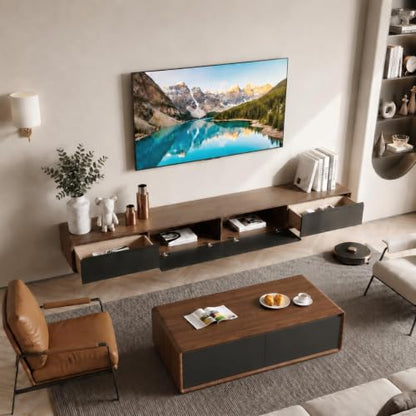 Floating TV Stand, Modern Wall-Mounted Entertainment Center with 1 Flip-Down Cabinet Doors 2 Drawers, Solid Wood Media Console (Walnut/Black, 63") - color: Walnut Black, size: 63"