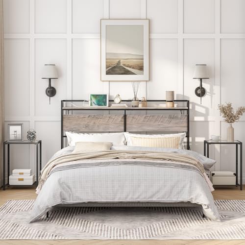 HOOBRO Full Size Headboard, Headboard with 2 Outlets and 4 USB Ports, Adjustable Height, Storage Rack, Sturdy and Stable, Easy Assembly, Greige and Black - color: Greige + Black, size: Full