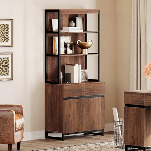 WAMPAT Modern 72" Tall Bookshelf with Metal Base and Adjustable Shelves, Library Bookcase with Storage Cabinet and Open Book Shelfs, Wood Book Shelf for Home Office, Living Room, Brown - color: Brown-a, size: 1 PCS