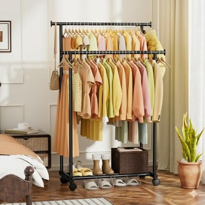 Double Rods Clothes Rack with Wheels, Garment Racks for Hanging Clothes, Multifunctional Metal Clothing Racks, Portable Wardrobe Rack for Clothing Organizers and Storage, Black