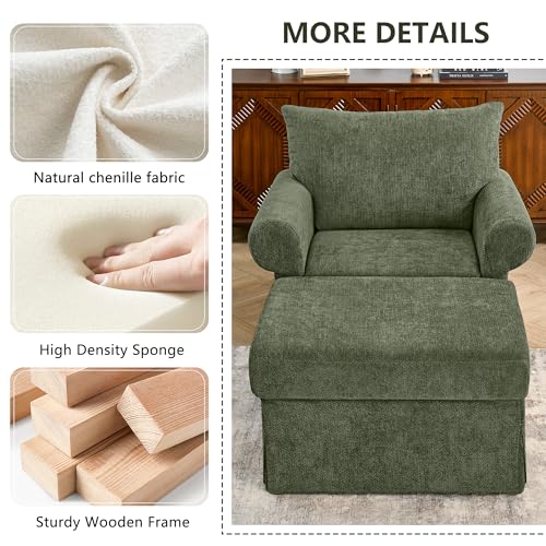 Eafurn Modern Chenille Accent Chair with Ottoman for Small Space, Comfy Upholstered Reading Chairs Lounge Armchair with Foot Rest, Sturdy Solid Wood Frame for Living Room - color: Green 37.5"